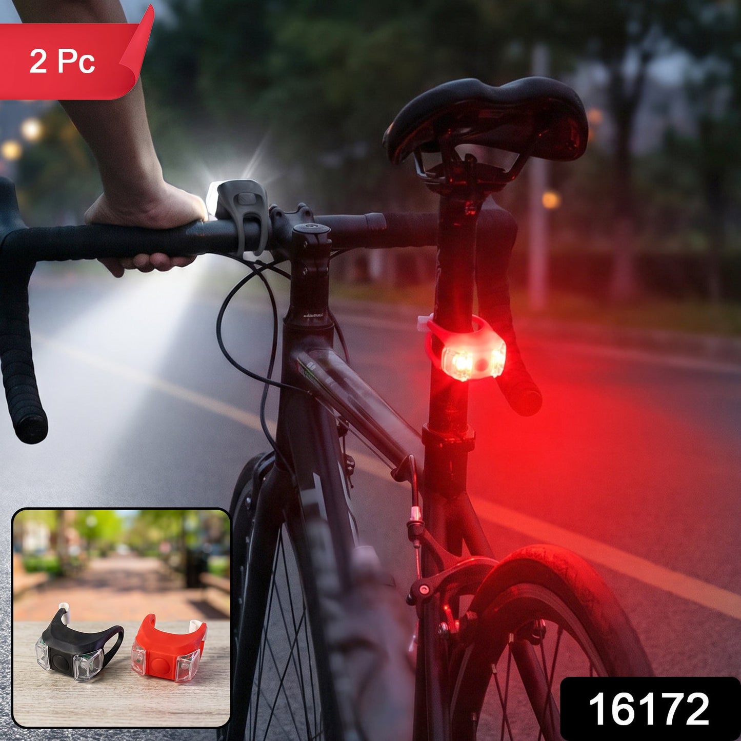 Silicone LED bike light set with 2 piece label and SKU 16172
