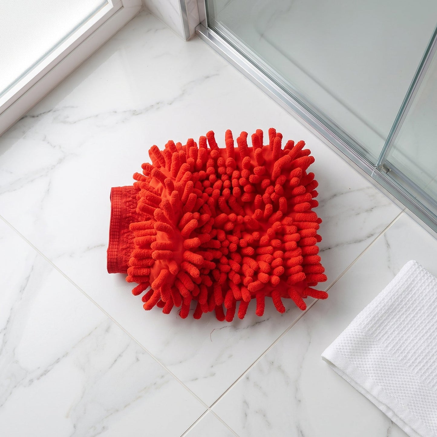 A red microfiber chenille wash glove rests on a white marble tile floor next to a white towel and a glass shower door.