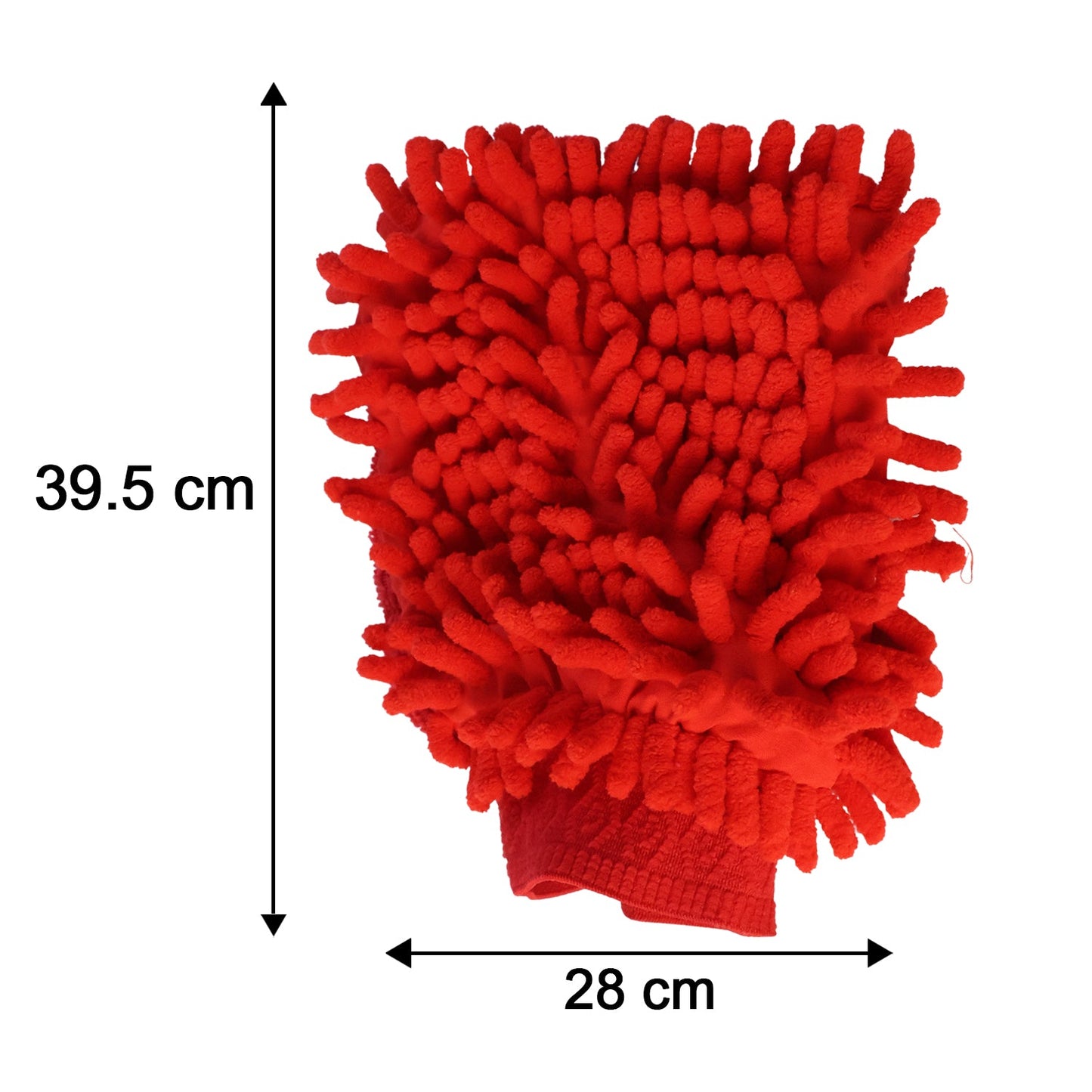 A red microfiber chenille wash glove is displayed with measurements, showing a length of 39.5 cm and a width of 28 cm.