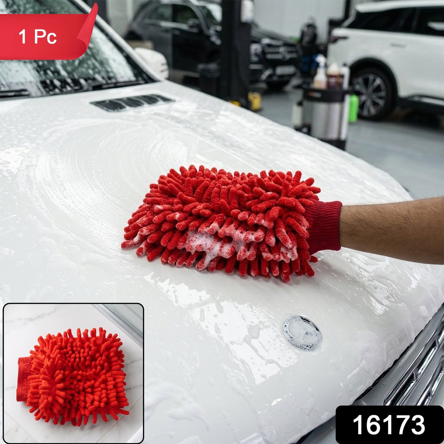 A red chenille microfiber car wash glove with suds is used on a white car's hood, with a smaller inset showing the glove.