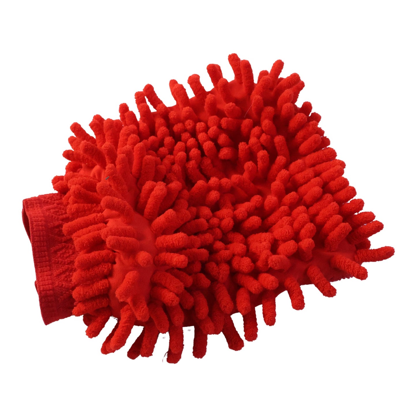 A red microfiber chenille wash glove with a textured surface is shown on a white background.