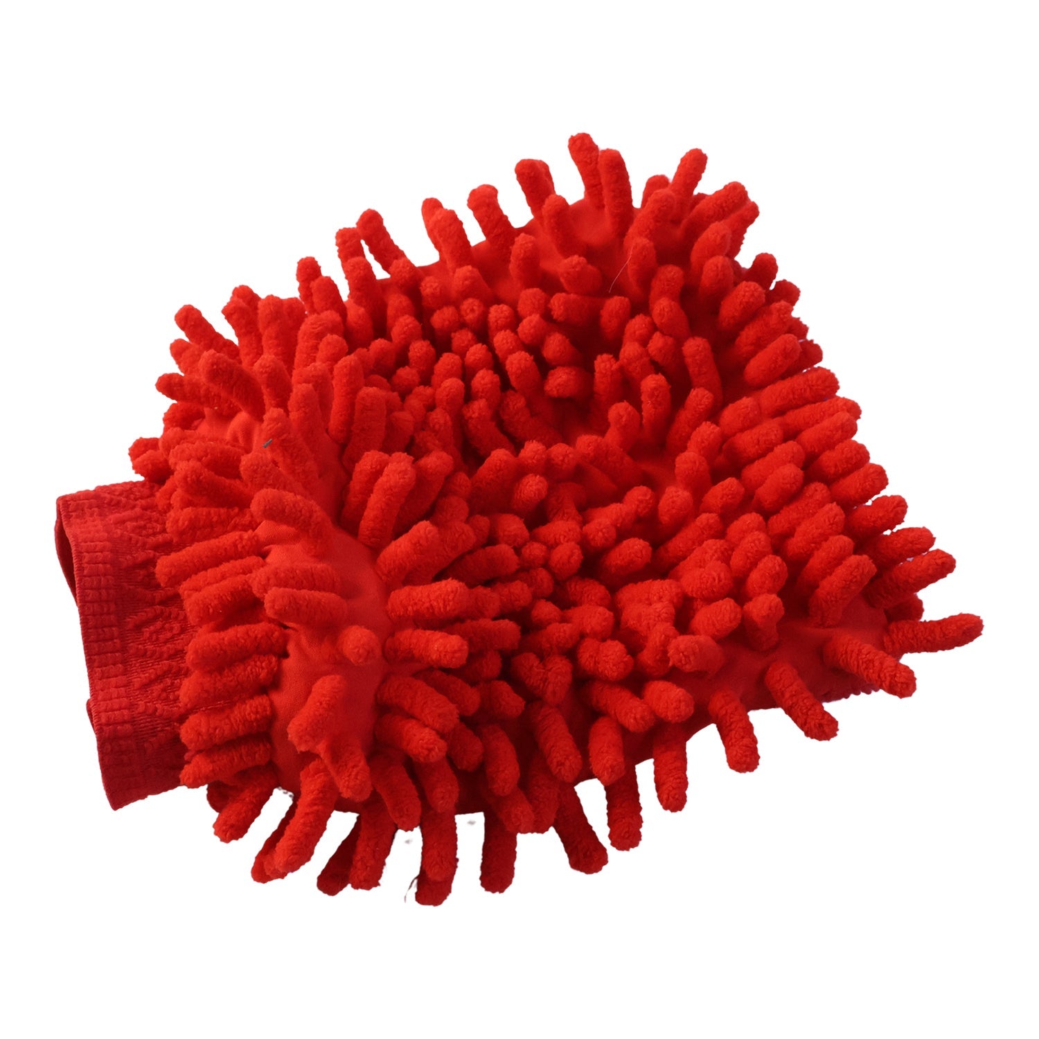 A red microfiber chenille wash glove with a textured surface is shown on a white background.