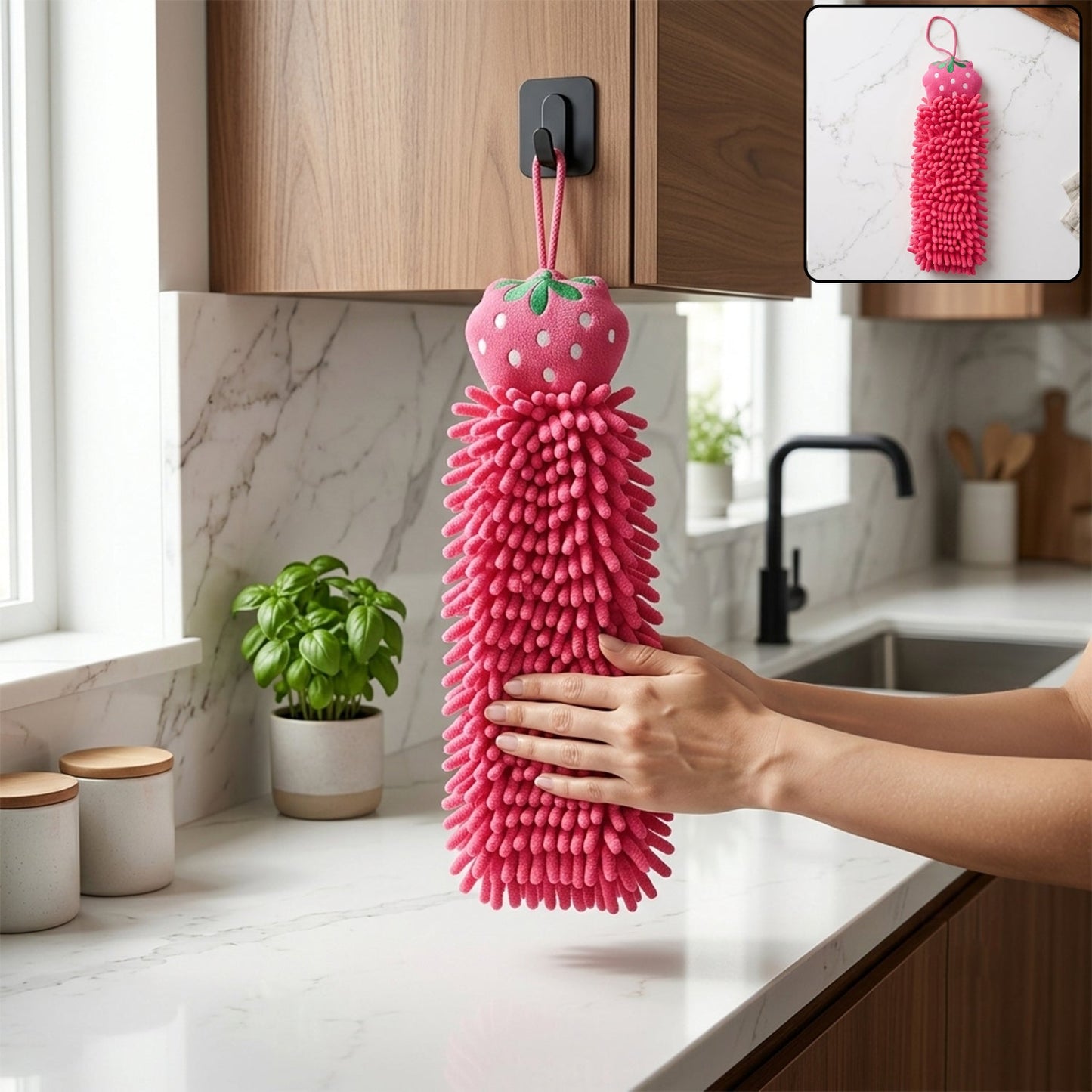 A person's hands are shown reaching for a pink microfiber hand towel with a strawberry top hanging from a hook in a kitchen.