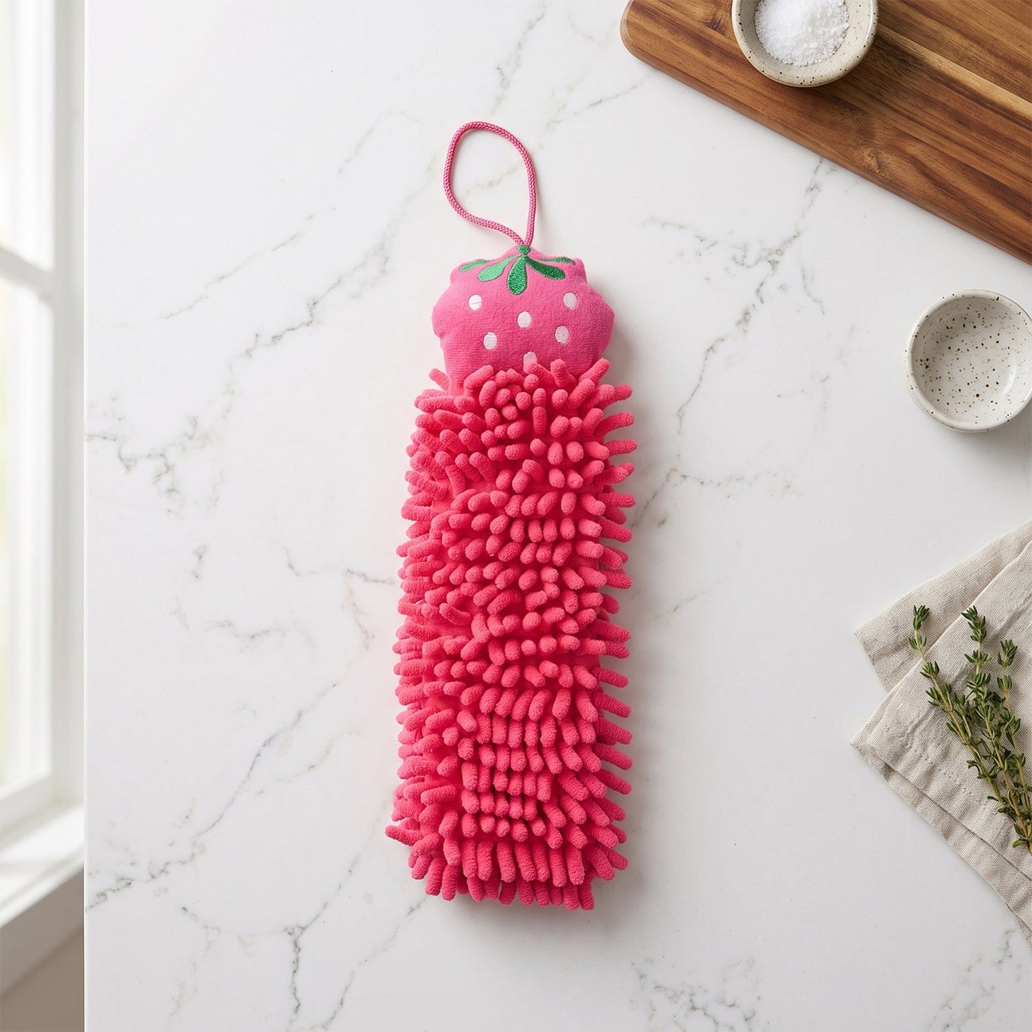 A pink microfiber hand towel with a strawberry top lies flat on a white marble countertop next to a wooden cutting board.