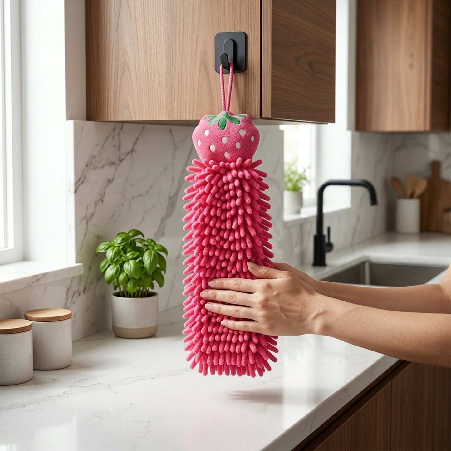 A person's hands reach for a pink microfiber hand towel with a strawberry top hanging from a hook in a modern kitchen.