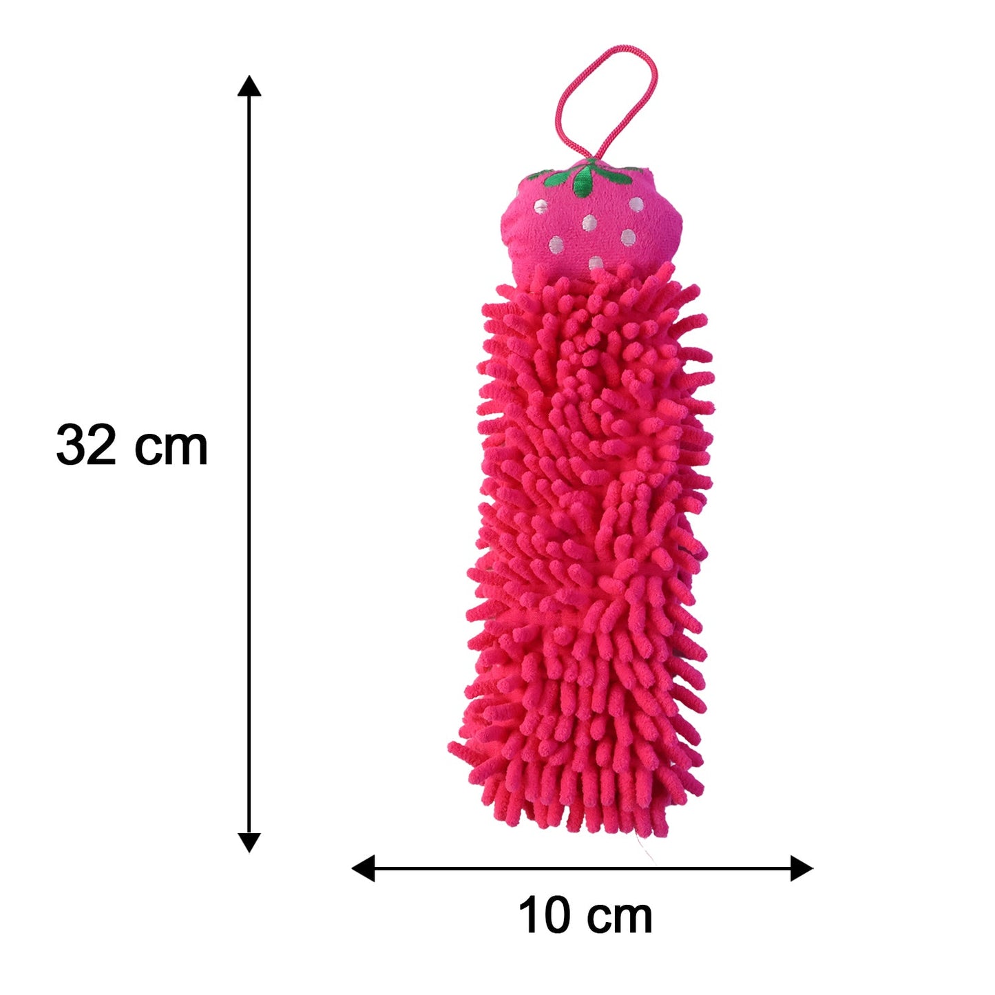 A pink microfiber hand towel with a strawberry top is displayed with its dimensions of 32 cm length and 10 cm width.
