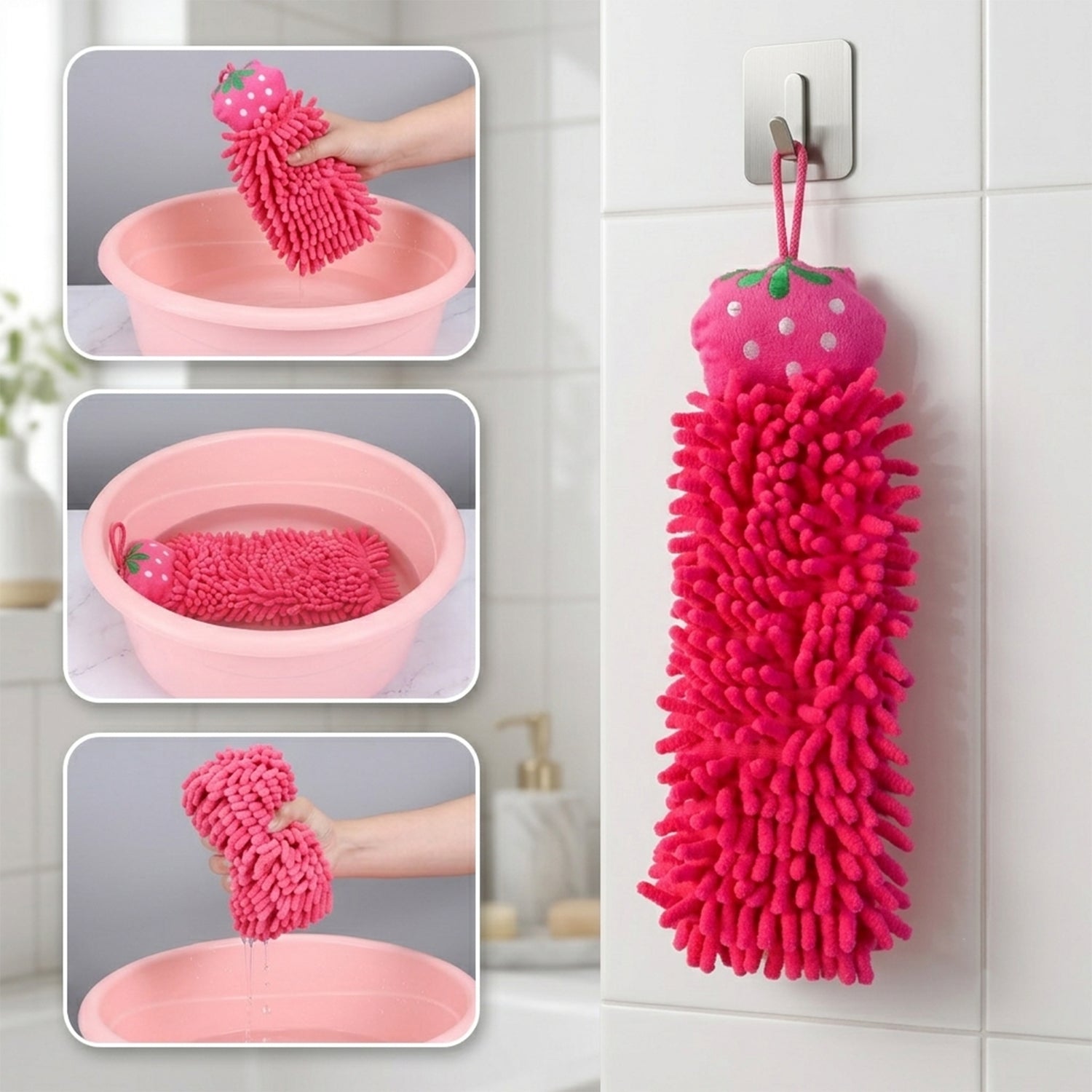 Three panels show a pink microfiber hand towel being washed and wrung out in a pink basin, next to a towel hanging on a