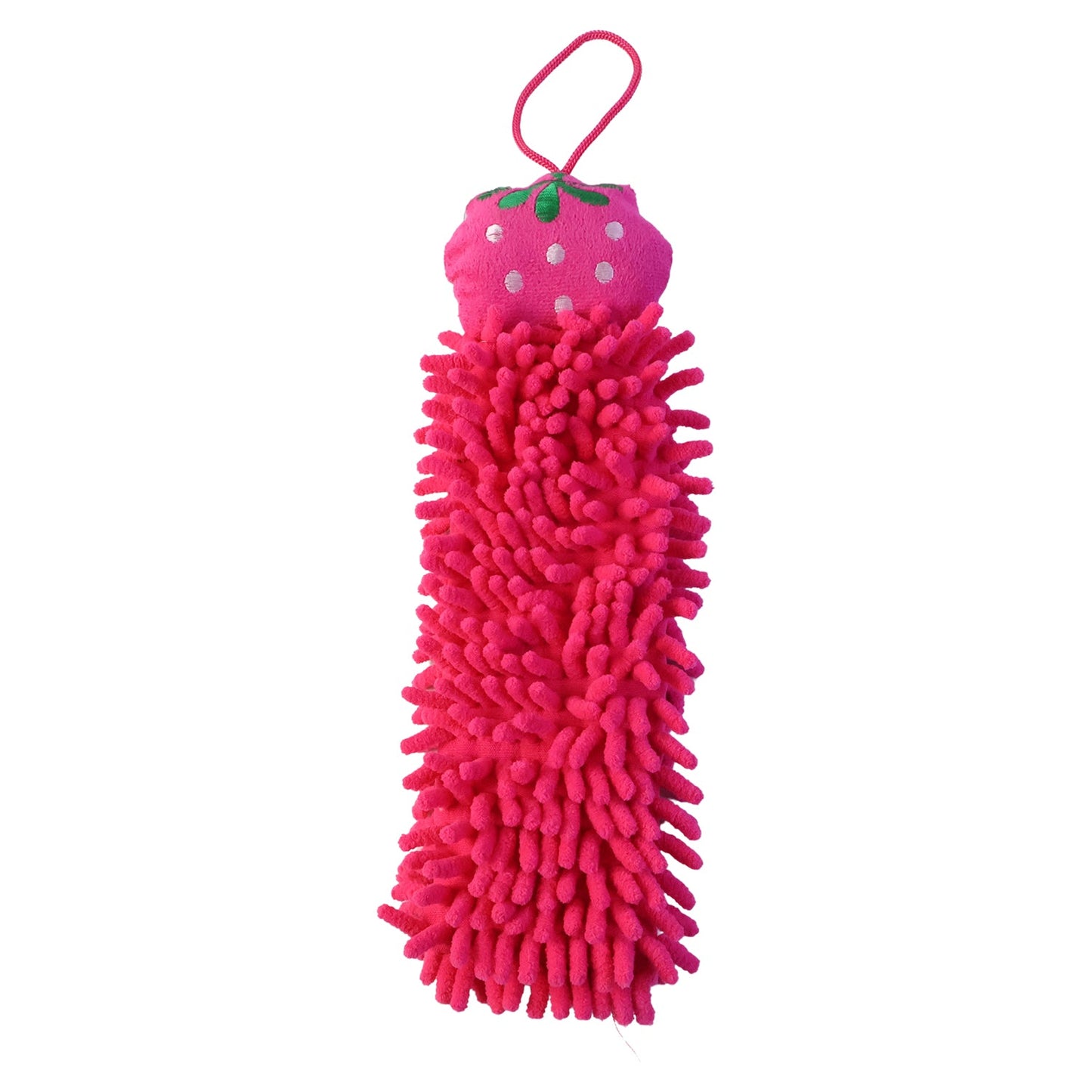A pink microfiber hand towel with a strawberry top and hanging loop is shown on a white background.