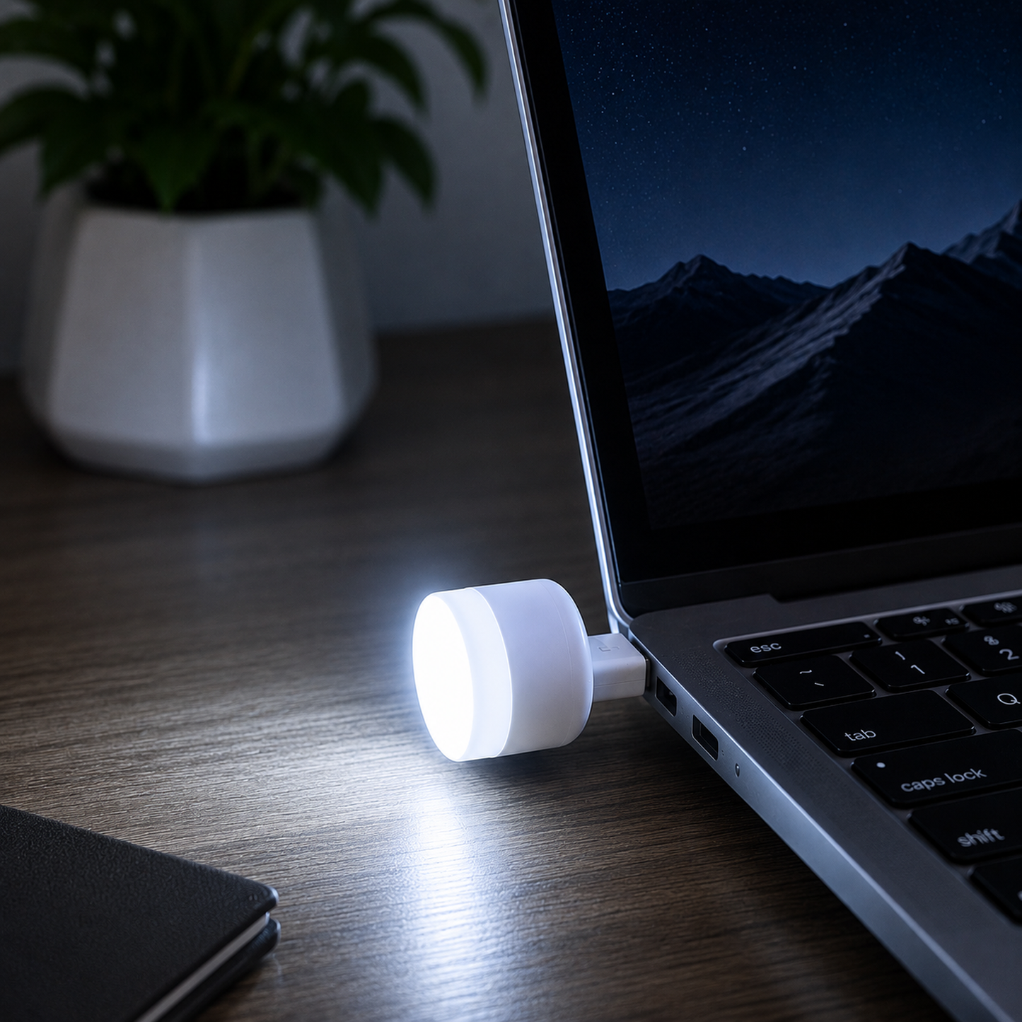 A white USB LED night light is plugged into a laptop, illuminating the desk with a bright white glow.