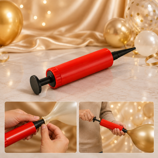 A red and black manual balloon pump on a marble surface with gold and white balloons in the background.
