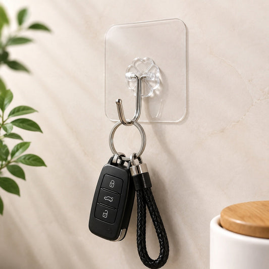 A GlimmerHome clear adhesive hook with a silver stainless steel hook holds a black car key fob and a braided leather