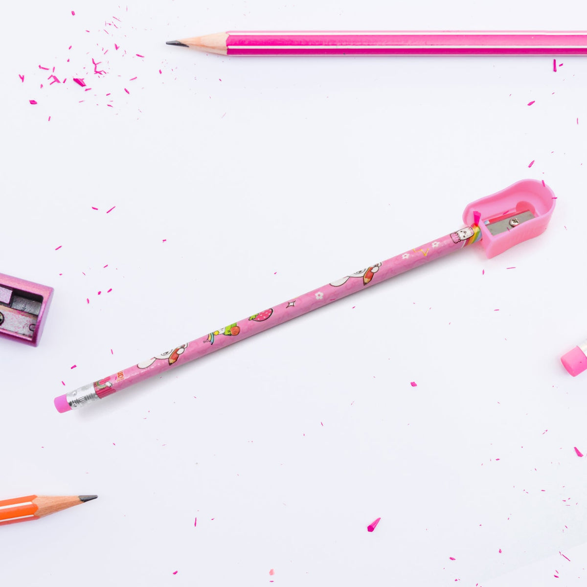 The 8-piece pink bunny themed stationery set contents, including diary and sharpener.