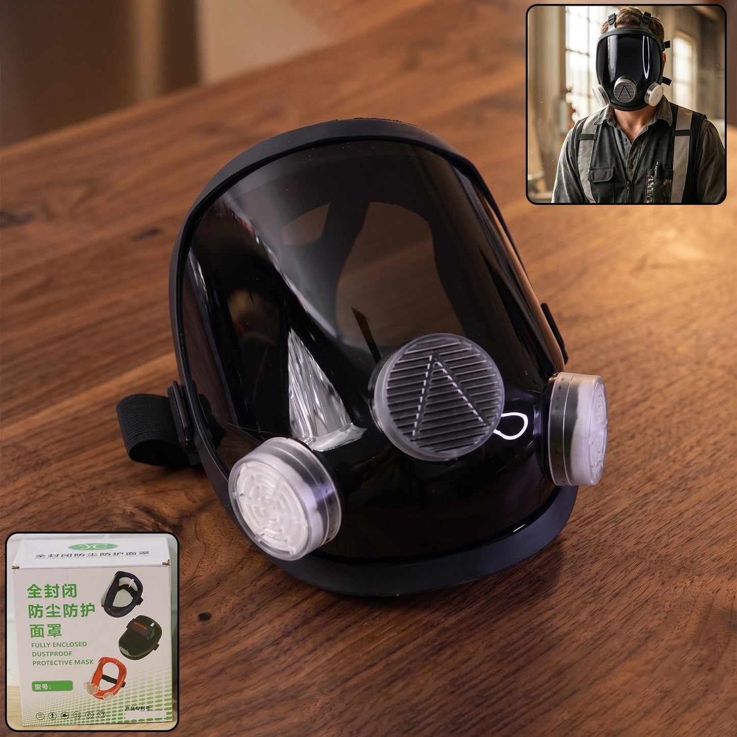 Black full face respirator mask with clear visor and two white filters on a wooden surface, with an inset of a man wearing