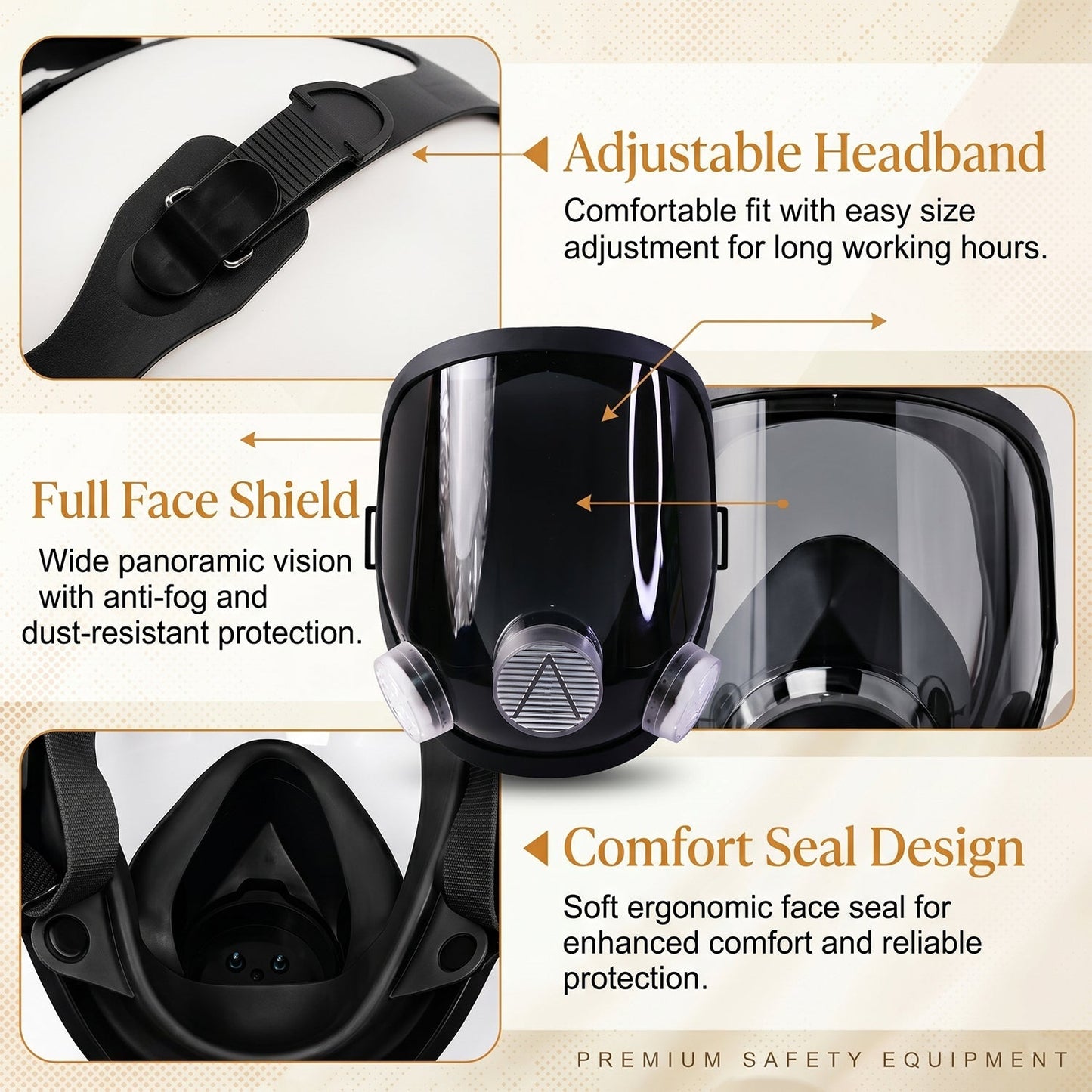 Collage highlighting features of the black full face respirator mask: adjustable headband, full face shield, and comfort