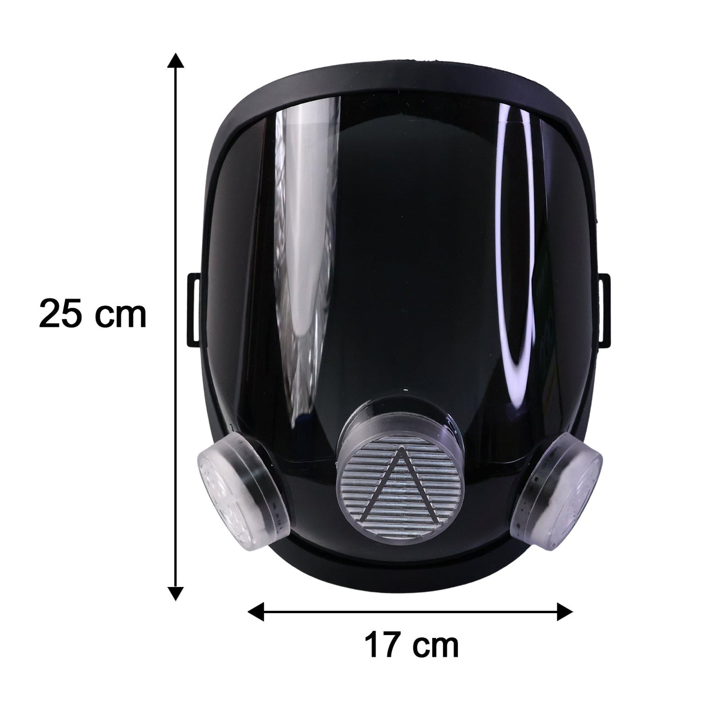 Front view of the black full face respirator mask with dimensions: 25 cm height and 17 cm width.