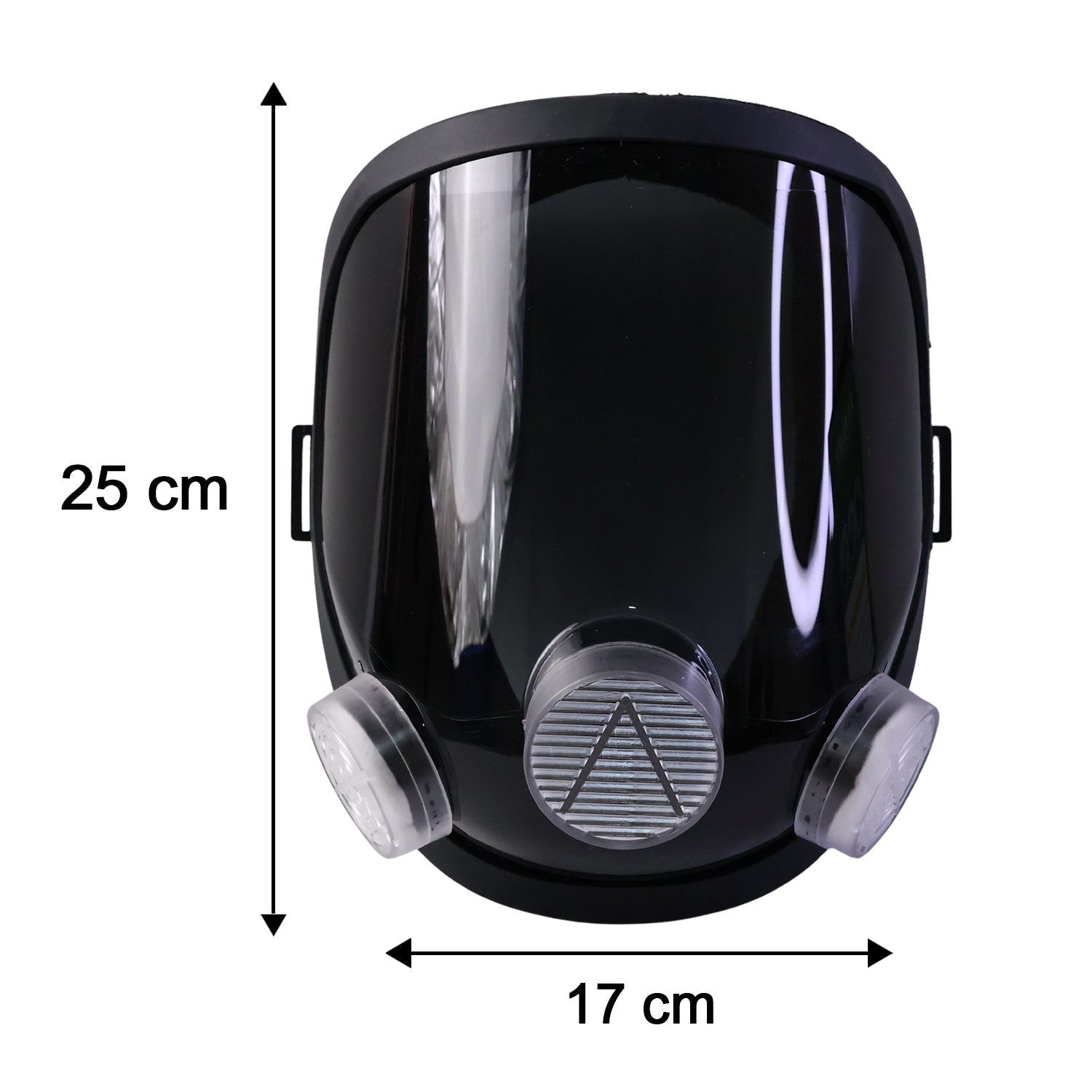 Front view of the black full face respirator mask with dimensions: 25 cm height and 17 cm width.