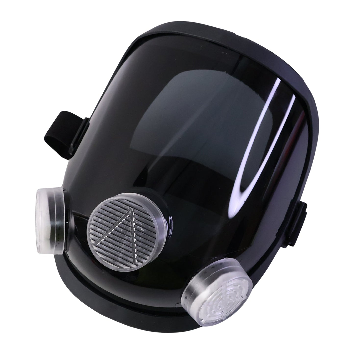 Angled view of the black full face respirator mask with clear visor and two white filters, against a white background.