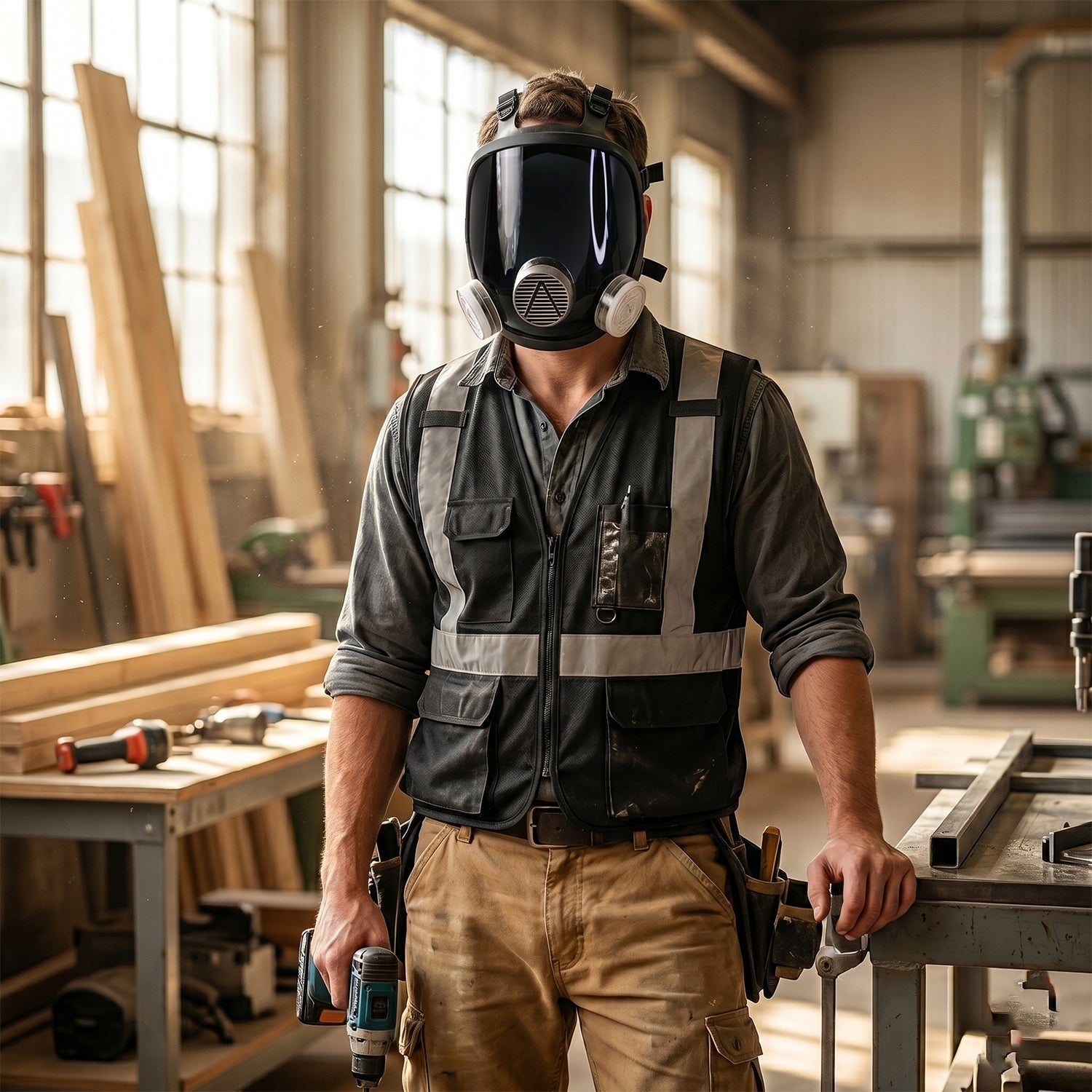 A man in work attire, wearing the black full face respirator mask, holding a drill in a workshop setting.