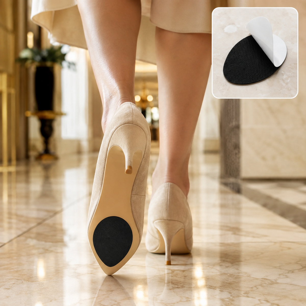 A person walks away in beige high heels with black non-slip pads on the soles, with an inset of the pad.