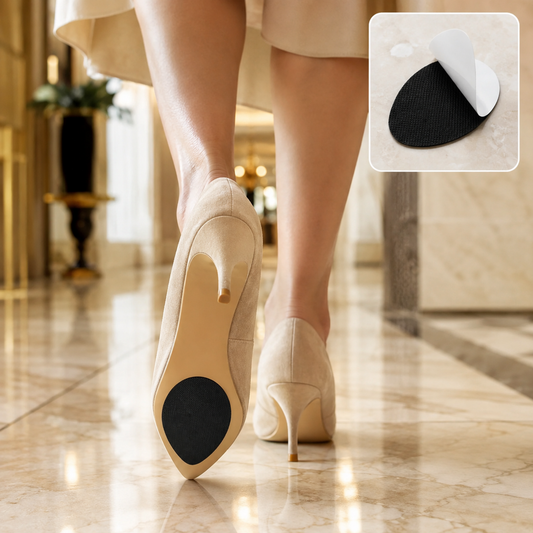 A person walks away in beige high heels with black non-slip pads on the soles, with an inset of the pad.