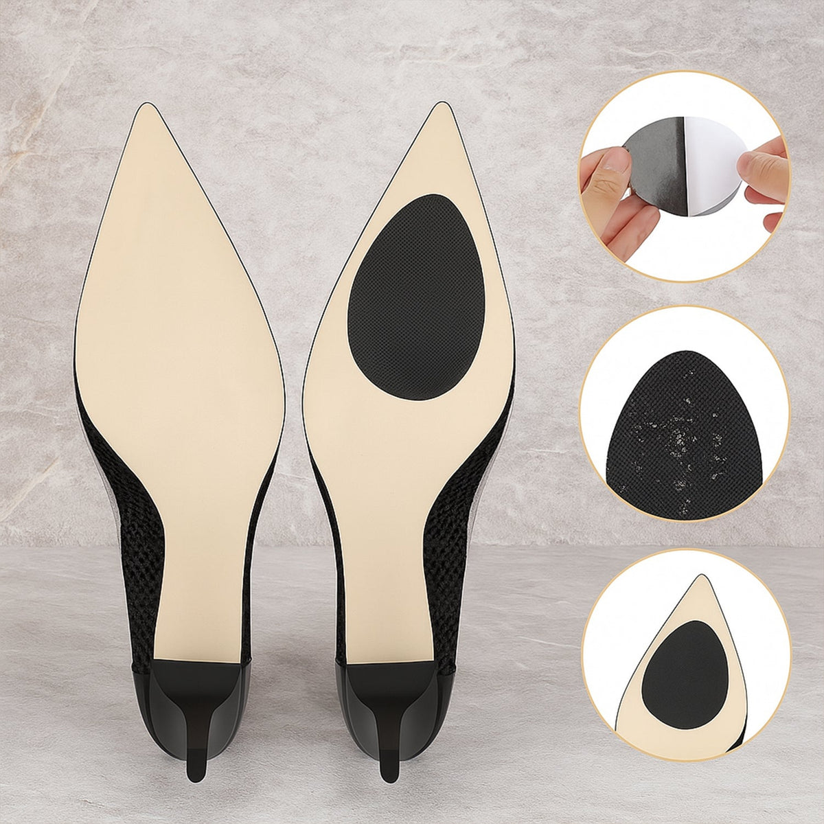 The soles of two black pointed-toe heels feature non-slip pads, with insets showing application and texture.