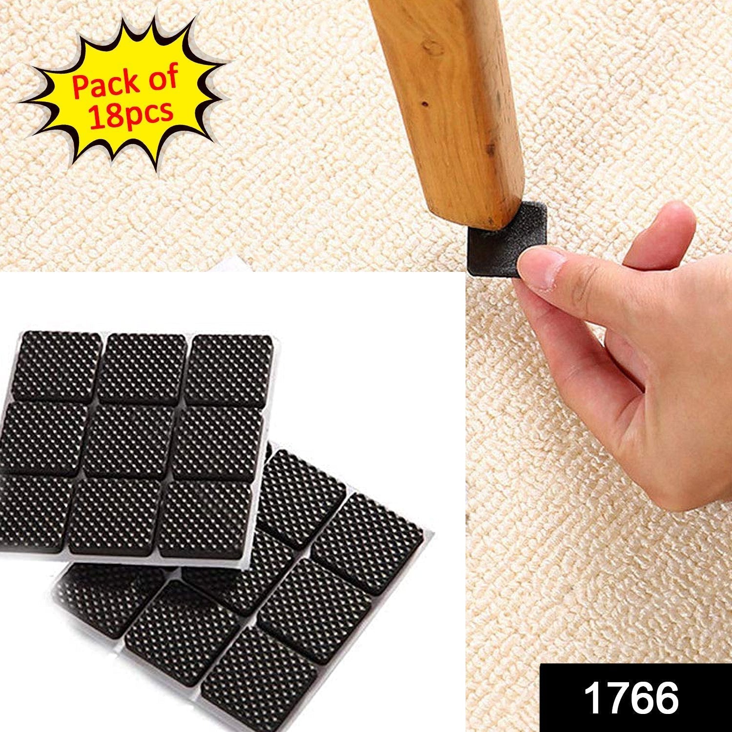 A hand applies a black square self-adhesive furniture pad to the bottom of a light wooden chair leg.