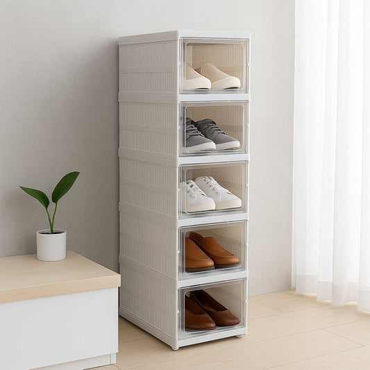 A 5-layer white stackable storage cart on wheels, ready for home organization.