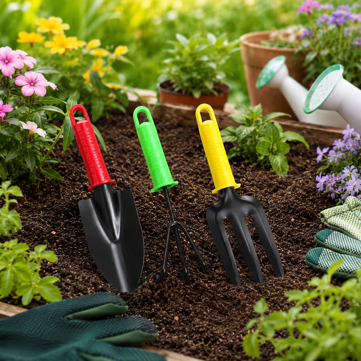 A red trowel, green cultivator, and yellow fork stand upright in rich brown soil surrounded by green plants and flowers.