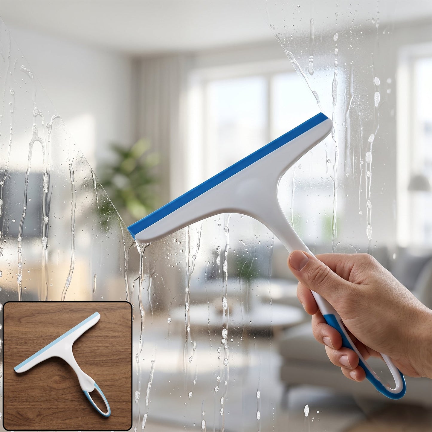 A hand holds a white and blue squeegee, cleaning a window with water streaks, a living room visible outside.
