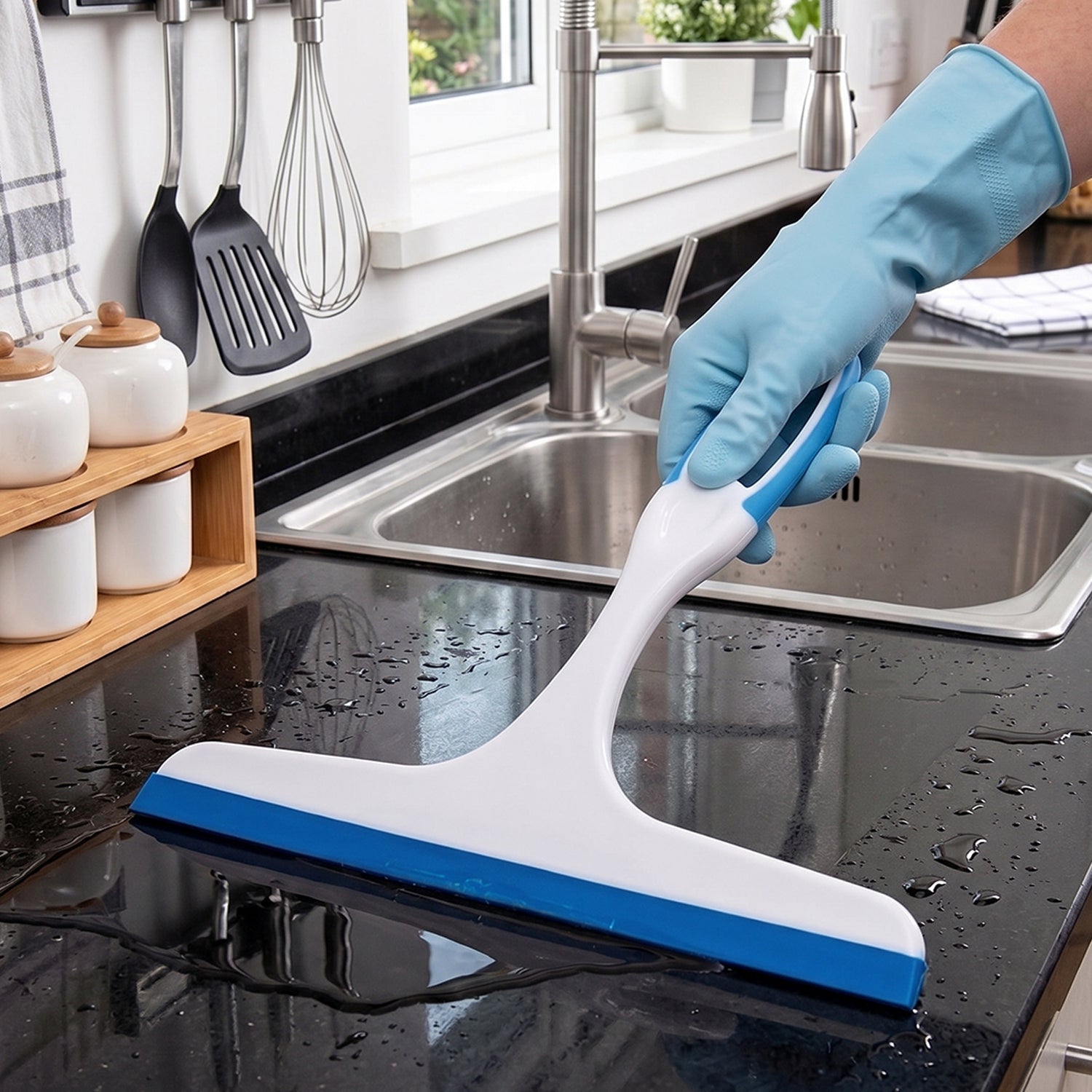 A gloved hand uses a white and blue squeegee to wipe water from a black kitchen countertop with a sink.