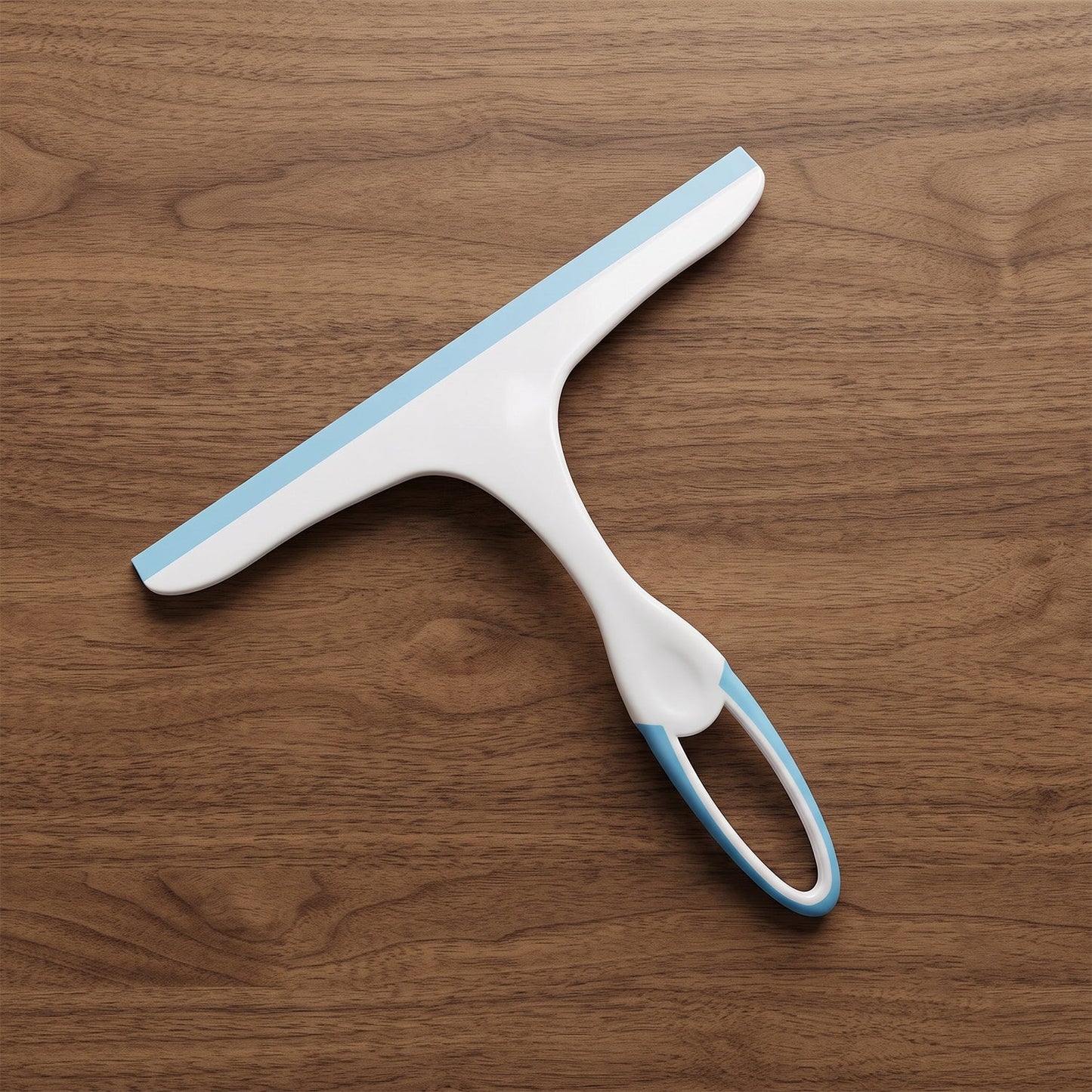 A white and blue squeegee lies flat on a light brown wooden surface.