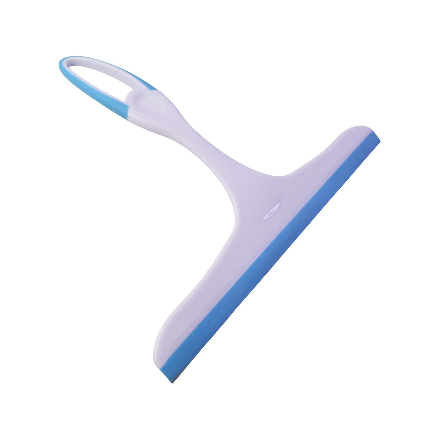A white and blue squeegee is angled on a white background, showing its handle and blade.