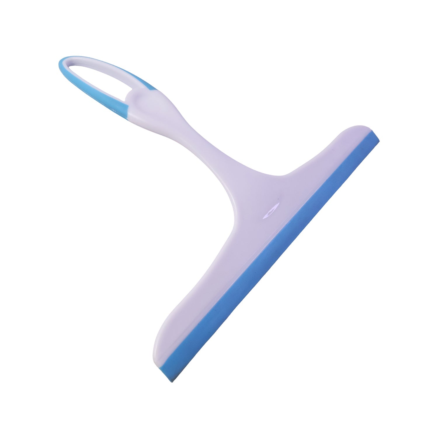A white and blue squeegee is angled on a white background, showing its handle and blade.