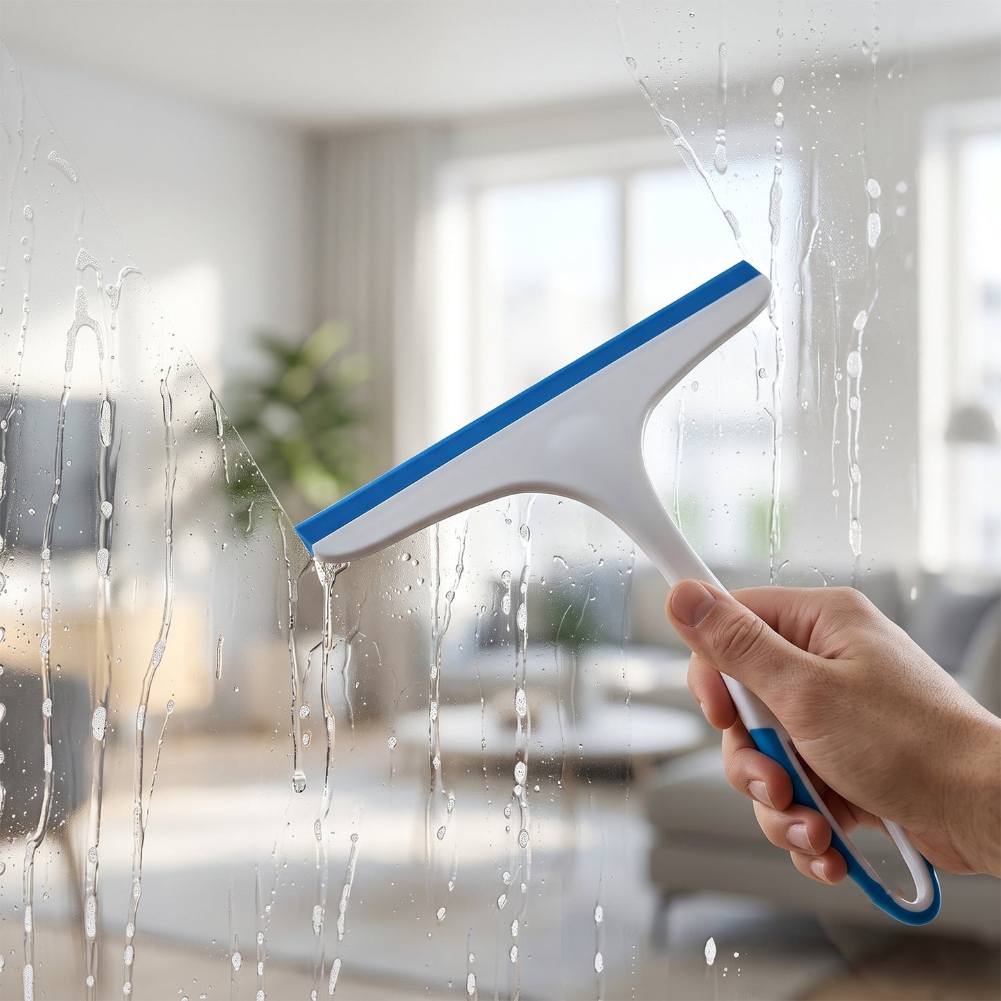 A hand holds a white and blue squeegee, cleaning a window with water streaks, a living room visible outside.