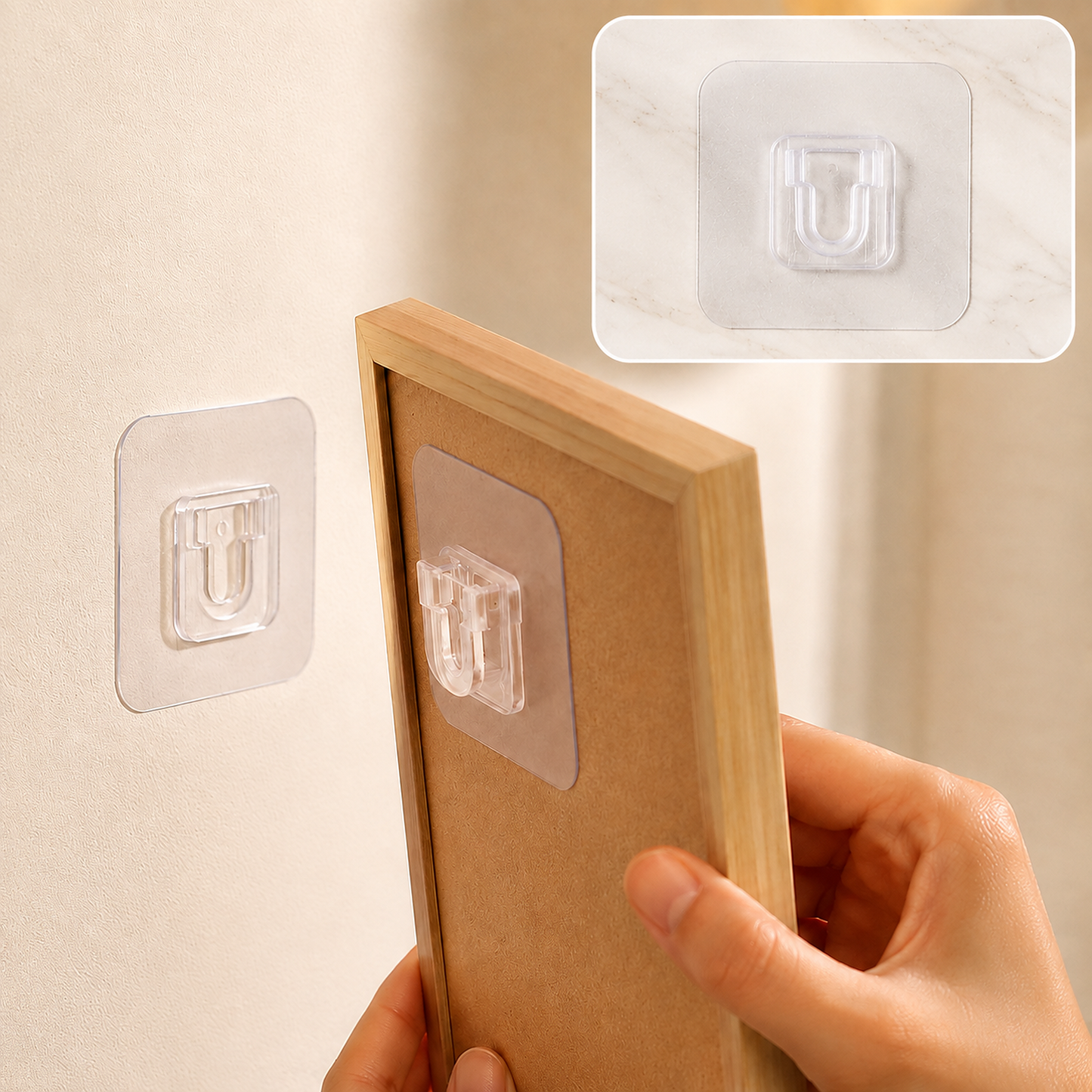 A hand holds a wooden frame, aligning its back with a transparent self-adhesive hook on a light wall.