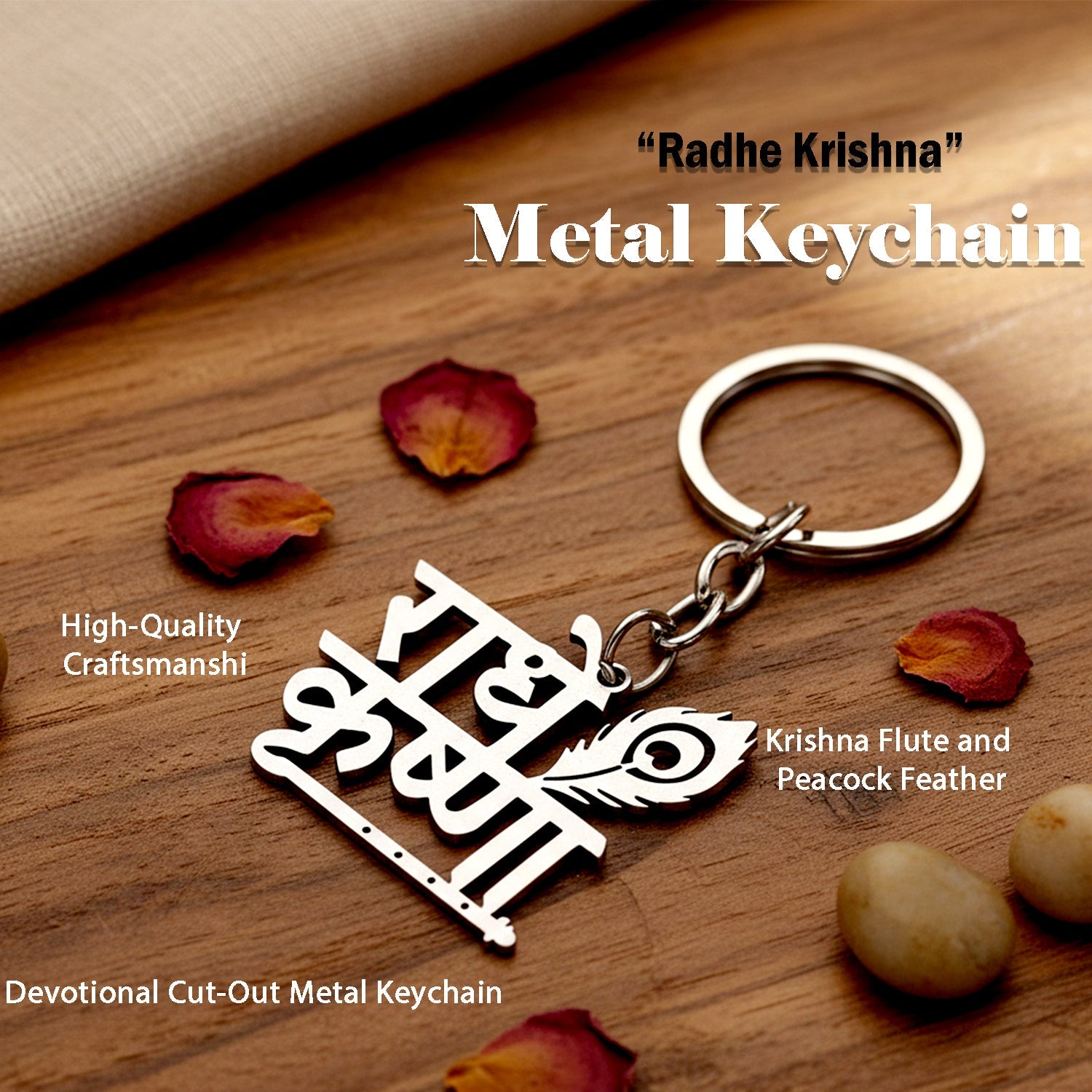 Close-up view of sturdy Radhe Krishna metal key ring