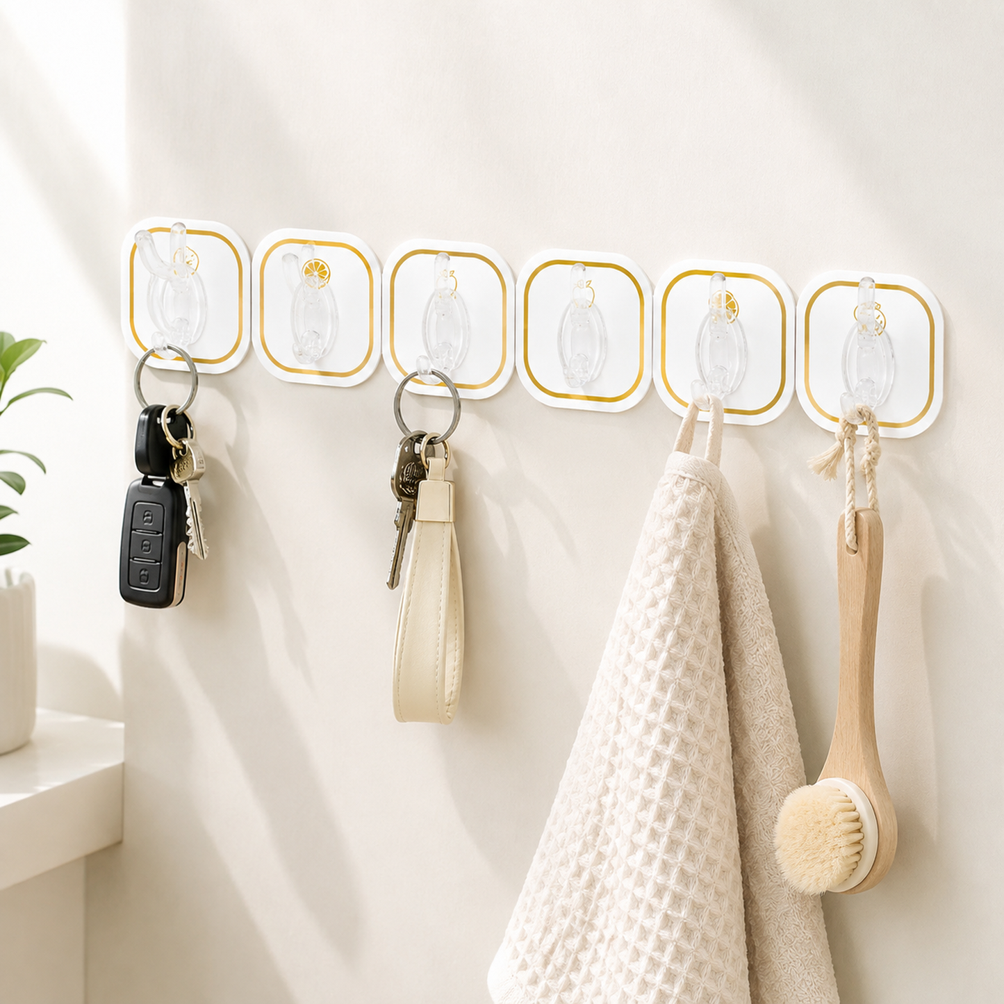 Six transparent adhesive hooks with gold borders holding keys, a towel, and a brush on a white wall.