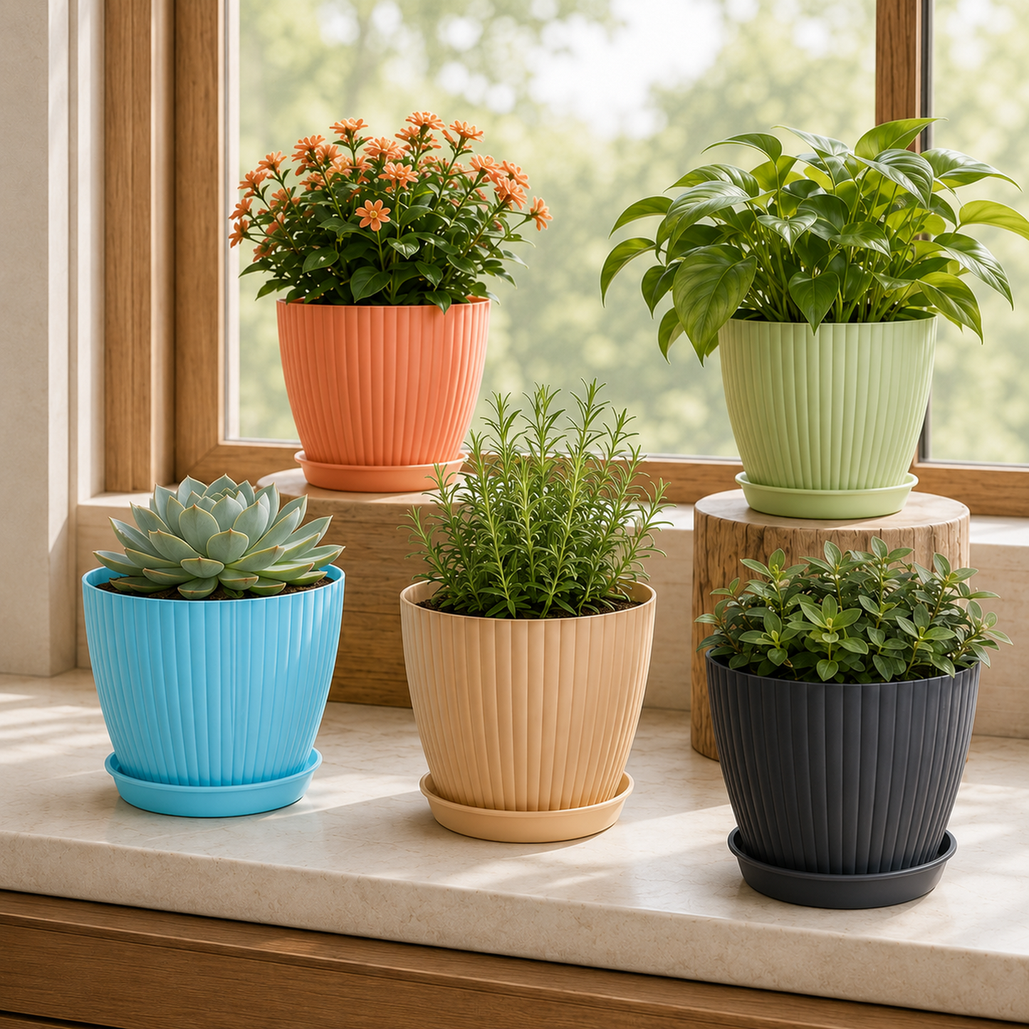 Plastic Flower Pot Set – Round 5 Pcs with Tray |