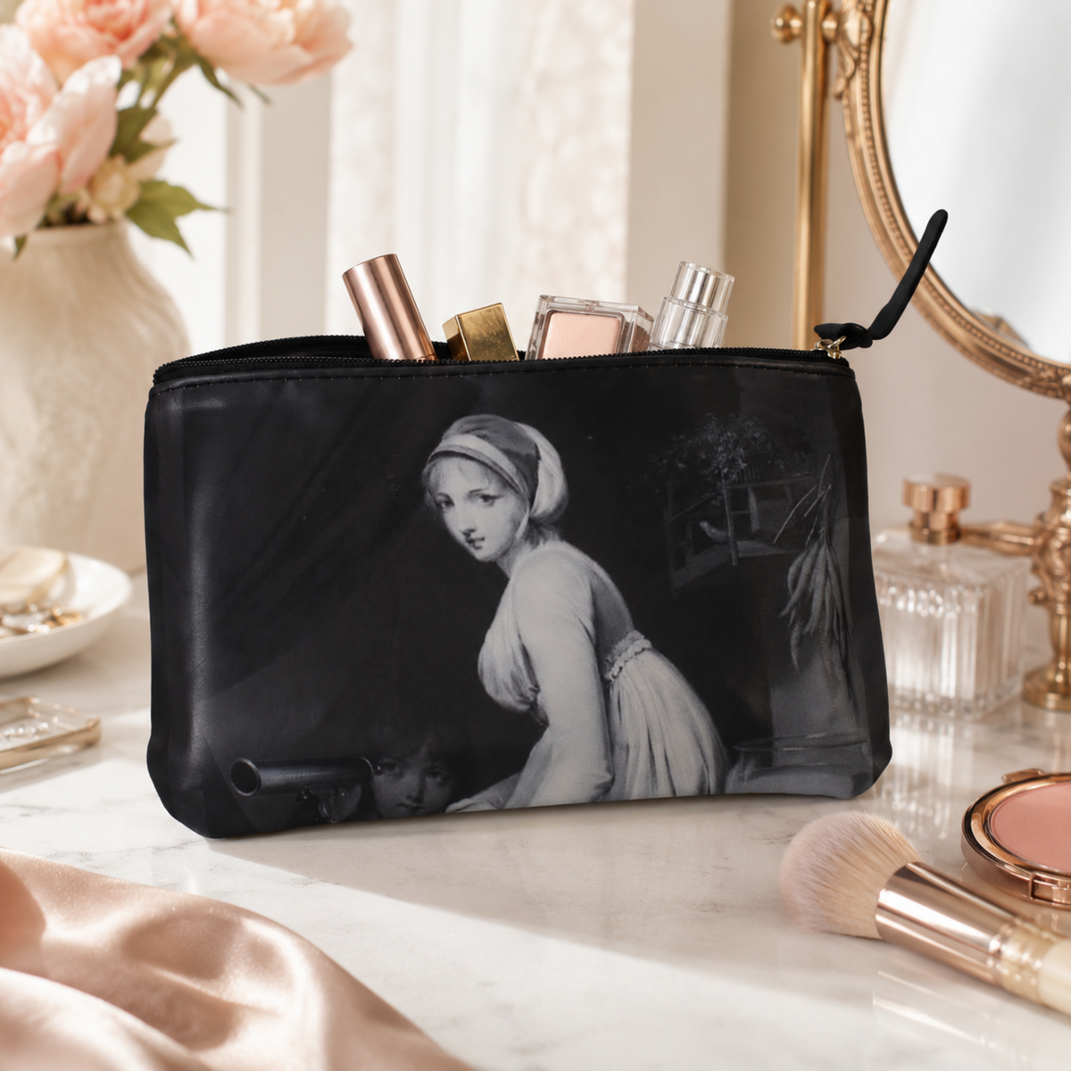Black cosmetic bag with a classical portrait of a woman, surrounded by makeup and flowers.