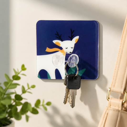 A blue square wall hook with a white deer design, holding two keys with black fobs.