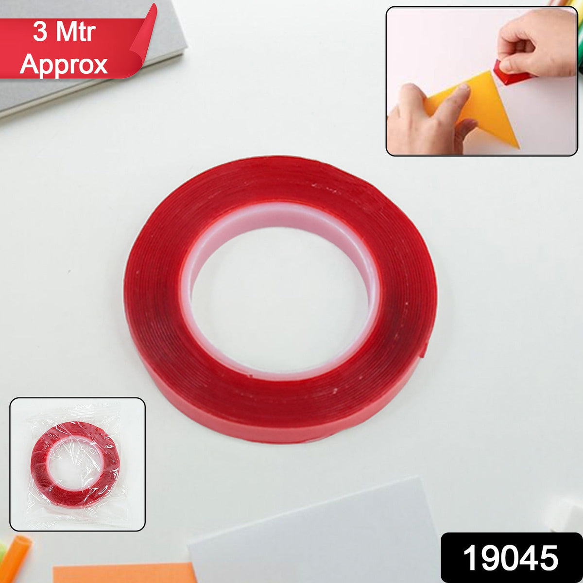 A red roll of tape is centered, with a small inset showing two hands peeling off the red film from the clear tape.
