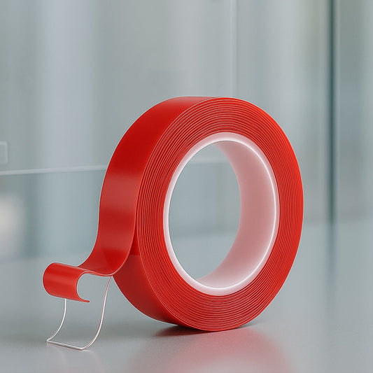 A roll of transparent tape with a red protective film is shown with a small section unrolled and standing freely.
