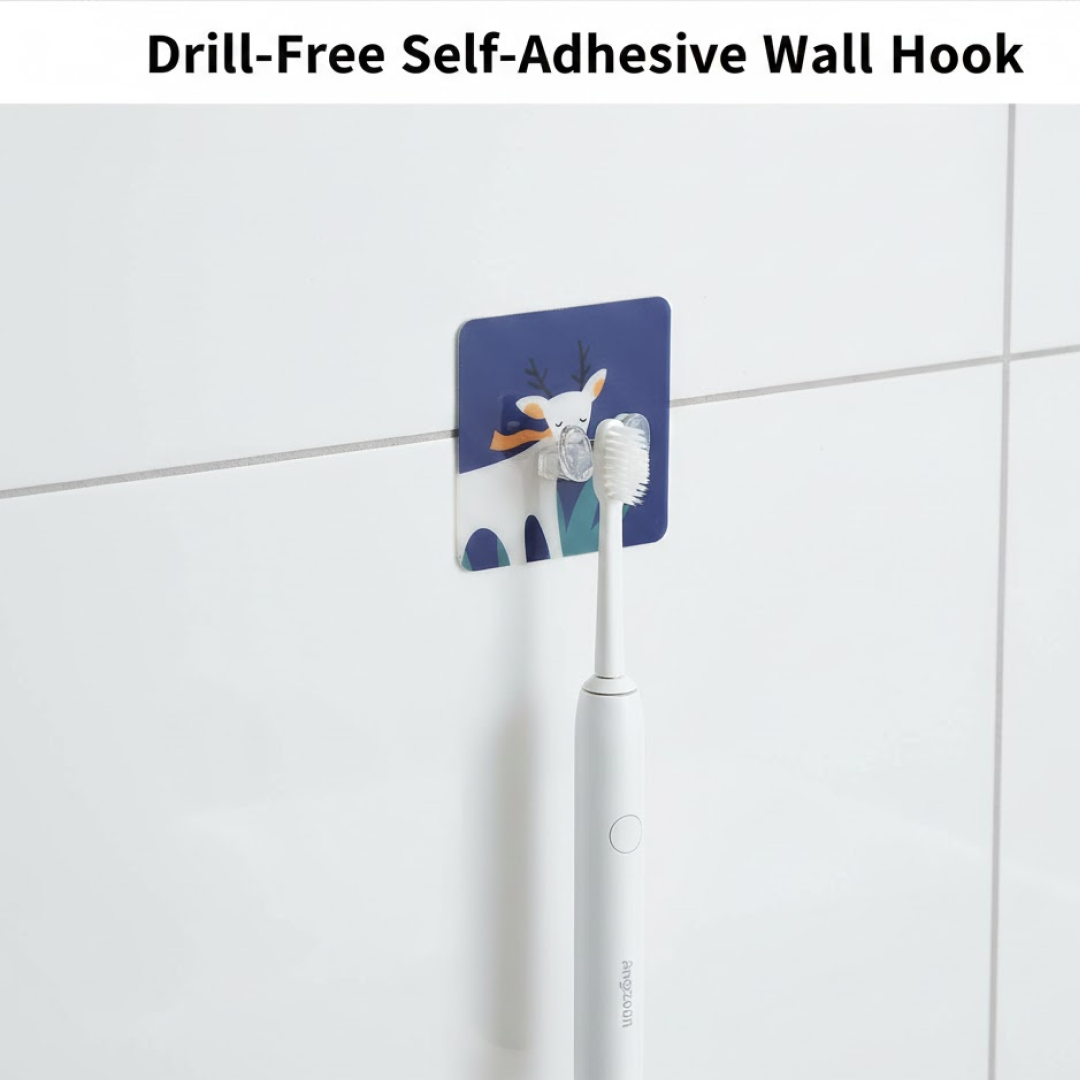 A close-up of the blue square wall hook with a white deer design holding a white electric toothbrush on a tiled wall.