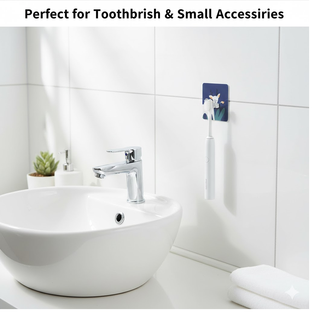 A blue square wall hook with a white deer design holding a white electric toothbrush in a bathroom.