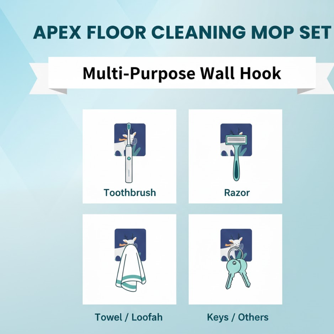 Four icons showing the wall hook holding a toothbrush, razor, towel, and keys on a blue background.