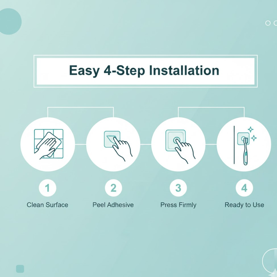An infographic showing four steps for installing the wall hook: clean, peel, press, and ready to use.