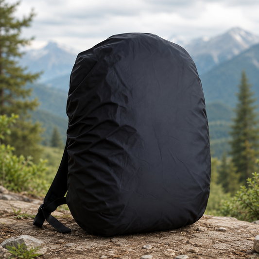 Black waterproof backpack rain cover on a backpack, set against a mountain landscape.