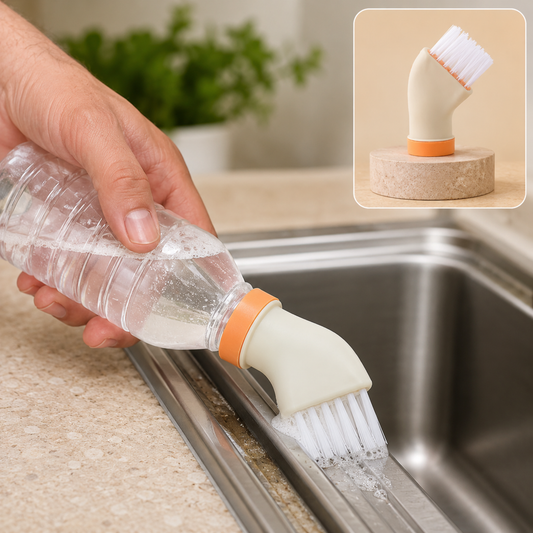 A hand holds a clear water bottle with the brush attachment scrubbing a sink edge, with a close-up inset.