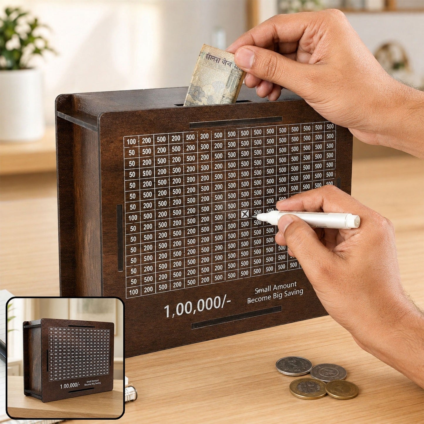 A person inserting a rupee note into a dark brown wooden savings box with a white grid tracker, coins on the table.
