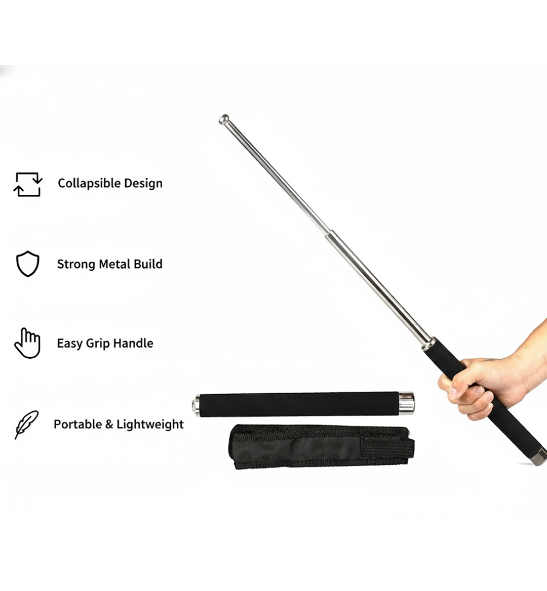 A hand holds an extended silver metal baton with a black foam grip, with a collapsed baton and black carrying case,